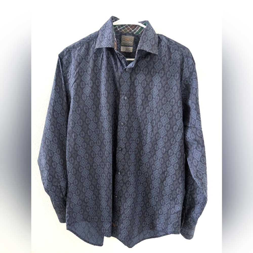 Thomas Dean Flip‎ Cuff Dress Shirt Medium Blue Cotton Paisley Long Sleeve